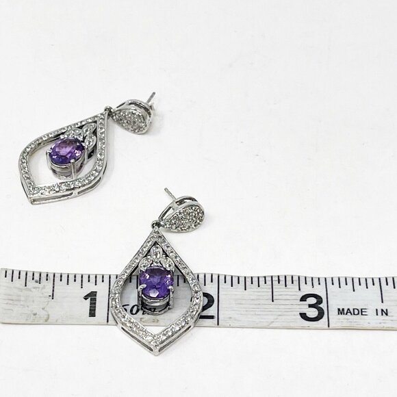 925 Sterling Silver Amethyst & Cubic Zirconia Drop Statement Pierced Earrings - Picture 7 of 8